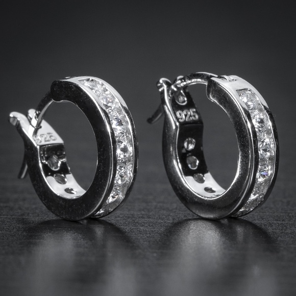 Small Iced One Row Solitaire Cz 925 Sterling Silver Skinny Huggie Hoop Earrings​ - Picture 2 of 5